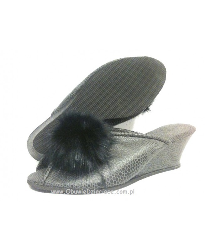 61-Puszek-czsz czarno szare kapcie eleganckie pantofle papucie dziewczęce damskie z puszkiem BISBUT  35-40