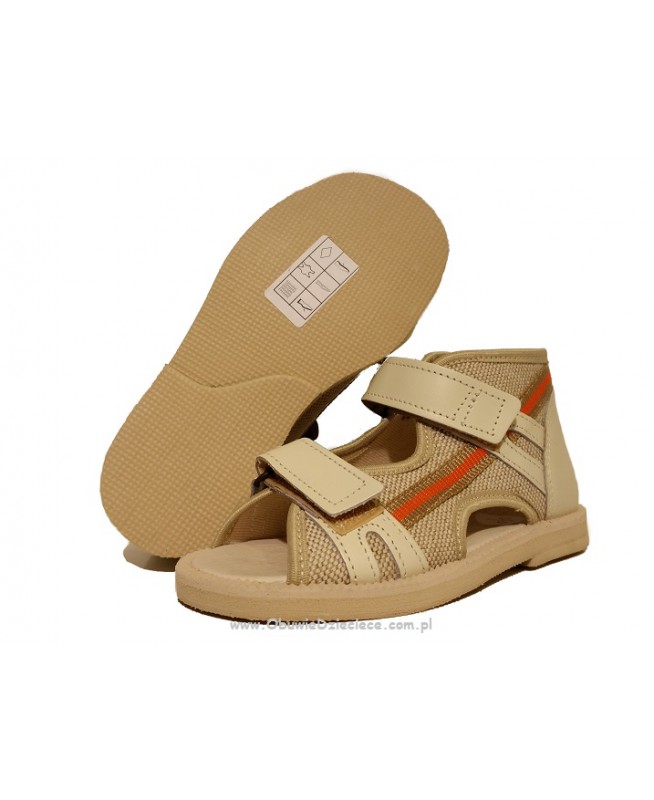 8-BS-191/A MAJA jasno beżowo lniano licowe ortopedyczne profilaktyczne kapcie sandałki dziecięce przedszk. 21-30 buty Postęp