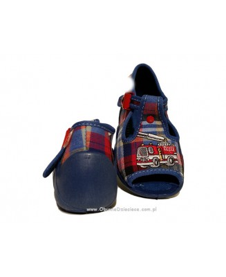 01-217P059 SNAKE niebieskie w kratkę z wozem strażackim  kapcie buciki sandałki obuwie dziecięce wcz.dziecięce  Befado  18-26