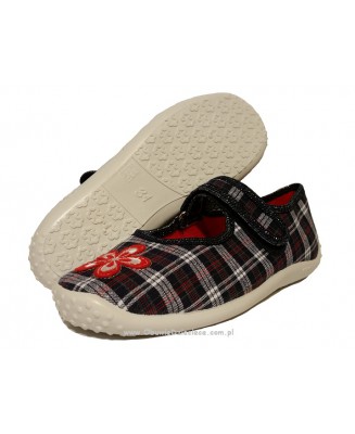 21-3KLA/149H DOROTKA granatowe w kratkę z kwiatem czółenka kapcie buciki dziewcz. na rzep wkładki  Raweks  25-33