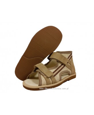 8-BS191/A MAJA beżowo zamszowo lniane ortopedyczne profilaktyczne kapcie sandałki dziecięce przedszk. 21-30 buty Postęp