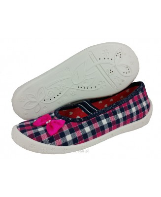21-3 S2 PIKO RAWEKS granatowo różowe w kratę z kokardką czółenka kapcie buciki dziewcz.+wkładki Raweks 25-33
