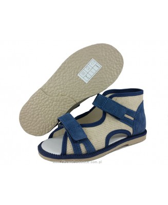 8-BS191/A MAJA jasno granatowe lniane ortopedyczne profilaktyczne kapcie sandałki dziecięce przedszk. 21-30 buty Postęp