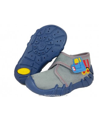 0-523P002 SPEEDY szaro nieb. z ciężarówką :: WKŁADKI SKÓRZANE :: kapcie buciki obuwie dziecięce na rzep poniemowlęce Befado  18-