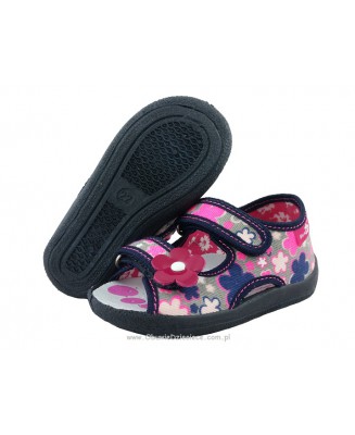 0-13-112 KWIATY FLUO szaro różowo granatowe w kwiaty sandałki kapcie obuwie wcz.dziecięce buty Renbut  19-27