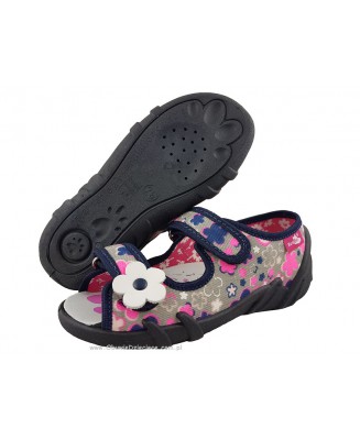 20-33-378 KWIATY FLUO granatowo szare w kolorowe kwiaty sandałki - sandały profilaktyczne  - kapcie obuwie dziecięce Renbut  26-