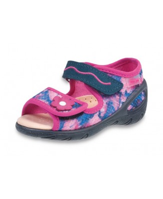 01-433P021 SUNNY GRANATOWO RÓŻOWE z kwiatkiem sandałki : WKŁADKI SKÓRZANE i RZEP : sandały profilaktyczne kapcie obuwie dziecięc