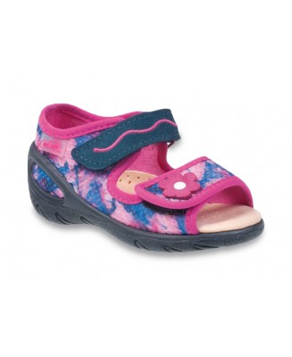 01-433P021 SUNNY GRANATOWO RÓŻOWE z kwiatkiem sandałki : WKŁADKI SKÓRZANE i RZEP : sandały profilaktyczne kapcie obuwie dziecięc