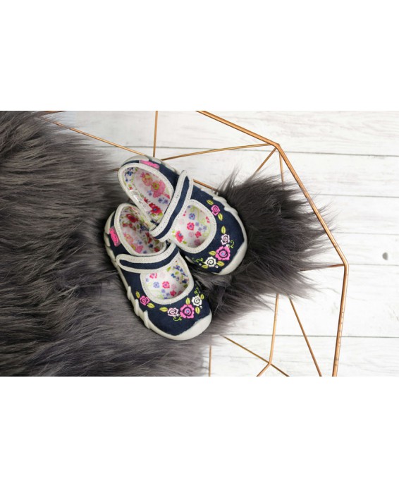 0-109P170 SPEEDY CZARNO SZARE w kwiatki :: kapcie buciki czółenka baleriny eleganckie obuwie dziecięce poniemowlęce Befado  18-2