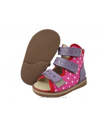 8-B-23rżkr BAJBUT różowe w kropki jasny fiolet lniane  buty sandałki trzewiki kapcie ortopedyczne profilaktyczne dziecięce 19-34