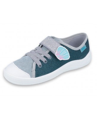 21-251Y143 TIM ZIELONO SZARE z brokatem muszelka :: półtrampki na rzep kapcie buciki obuwie dziecięce na rzep BEFADO  31-36