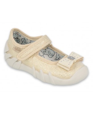 0-109P206 SPEEDY ZŁOTE z kokardką :: MIĘKKIE WKŁADKI SOFT-B system :: kapcie buciki czółenka baleriny eleganckie obuwie dziecięc