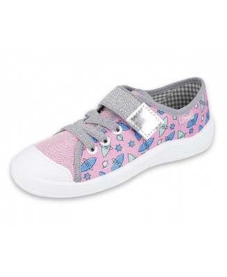 21-251Y152 TIM RÓŻOWO SREBRNE z brokatem : półtrampki na rzep kapcie buciki obuwie dziecięce na rzep BEFADO  31-36