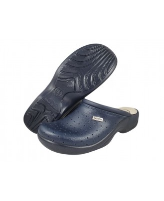 31-641/10 GRANATOWE skórzane włoskie kapcie-klapki profilaktyczne medyczne damskie Saniflex