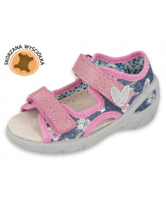 20-065X151 SUNNY GRANAT RÓŻOWE brokat : WKŁADKI SKÓRZANE i RZEPY : sandały profilaktyczne - kapcie obuwie dziecięce Befado  26-3