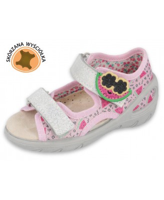 20-065X152 SUNNY SZARO RÓŻOWE brokat arbuzy: WKŁADKI SKÓRZANE i RZEPY : sandały profilaktyczne - kapcie obuwie dziecięce Befado 