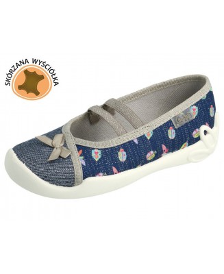 1-116X294 BLANCA GRANATOWO SZARE z kokardką : SKÓRZANA WYŚCIÓŁKA : balerinki czółenka dziewczęce kapcie buciki obuwie dziecięce 