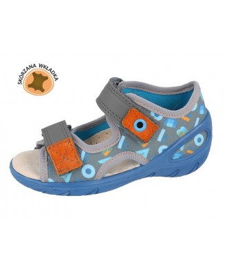 01-065P160 SUNNY NIEB.SZARE literki : WKŁADKI SKÓRZANE i RZEPY : sandały profilaktyczne kapcie obuwie dziecięce Befado  20-25