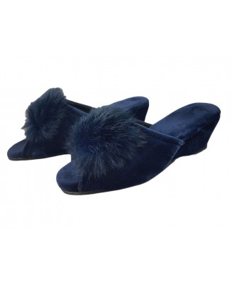 61-Puszek_1GR GRANATOWE eleganckie kapcie pantofle papucie dziewczęce damskie z puszkiem pomponem BISBUT  35-40