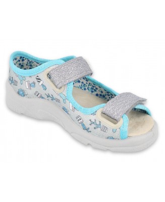 20-869X155 MAX JUNIOR SZARE SREBRNE NIEBIESKIE KAKTUSY :: WKŁADKI SKÓRZANE :: sandały - kapcie dziecięce Befado Max 25-30