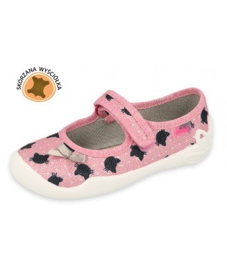 1-114X480 BLANCA RÓŻ BROKAT CZARNY KOTEK : WYŚCIÓŁKI SKÓRZANE : balerinki czółenka dziewczęce kapcie-buciki obuwie dziecięce  Be