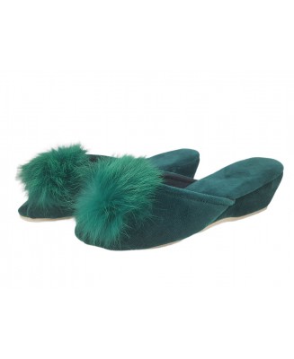 61-Puszek_1ZI ZIELONE CIEMNE eleganckie kapcie pantofle papucie dziewczęce damskie z puszkiem pomponem BISBUT  35-40