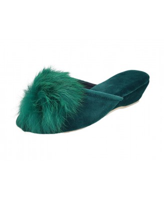 61-Puszek_1ZI ZIELONE CIEMNE eleganckie kapcie pantofle papucie dziewczęce damskie z puszkiem pomponem BISBUT  35-40